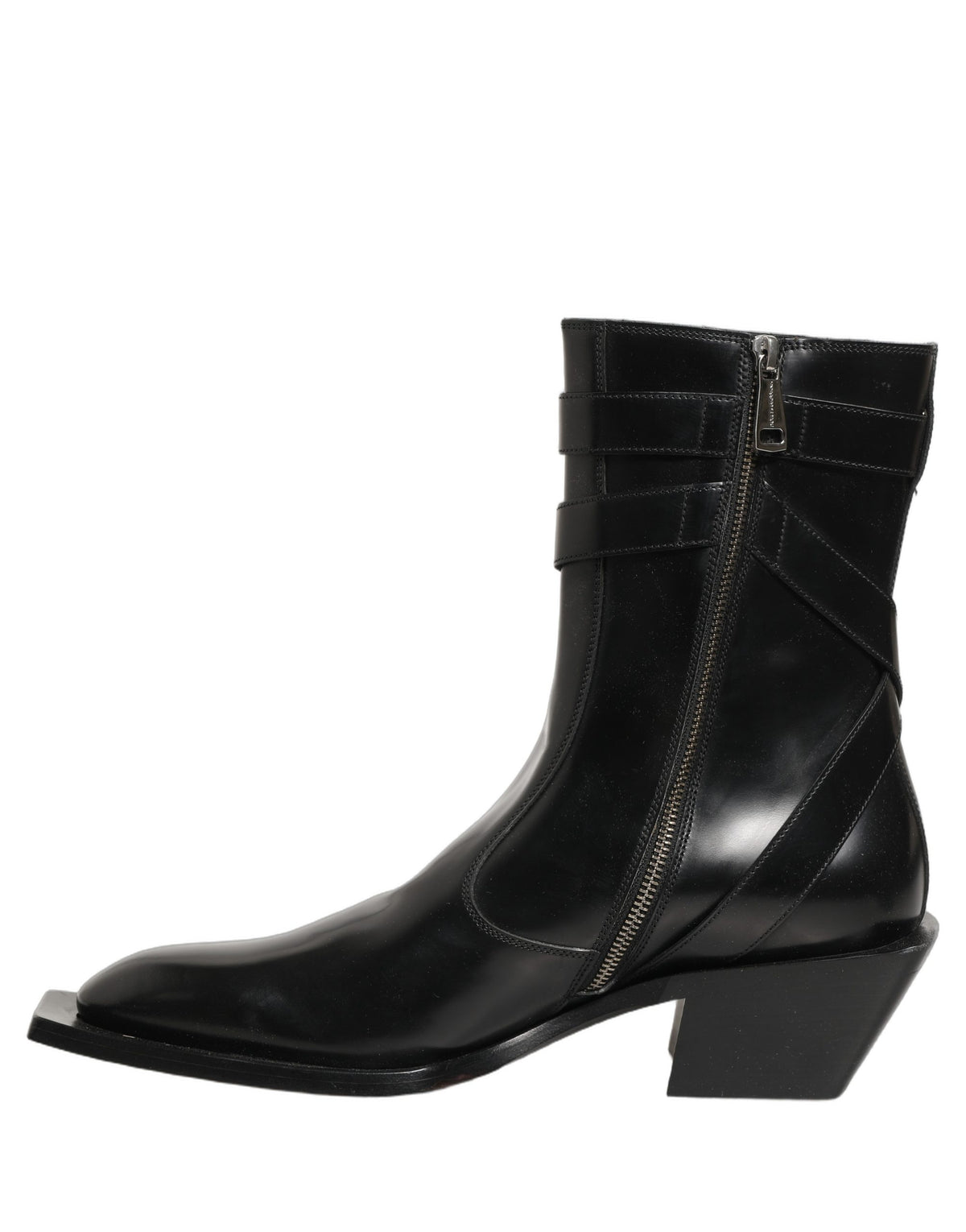 Dolce & Gabbana Black Leather DG Plaque Mid Calf Boots
