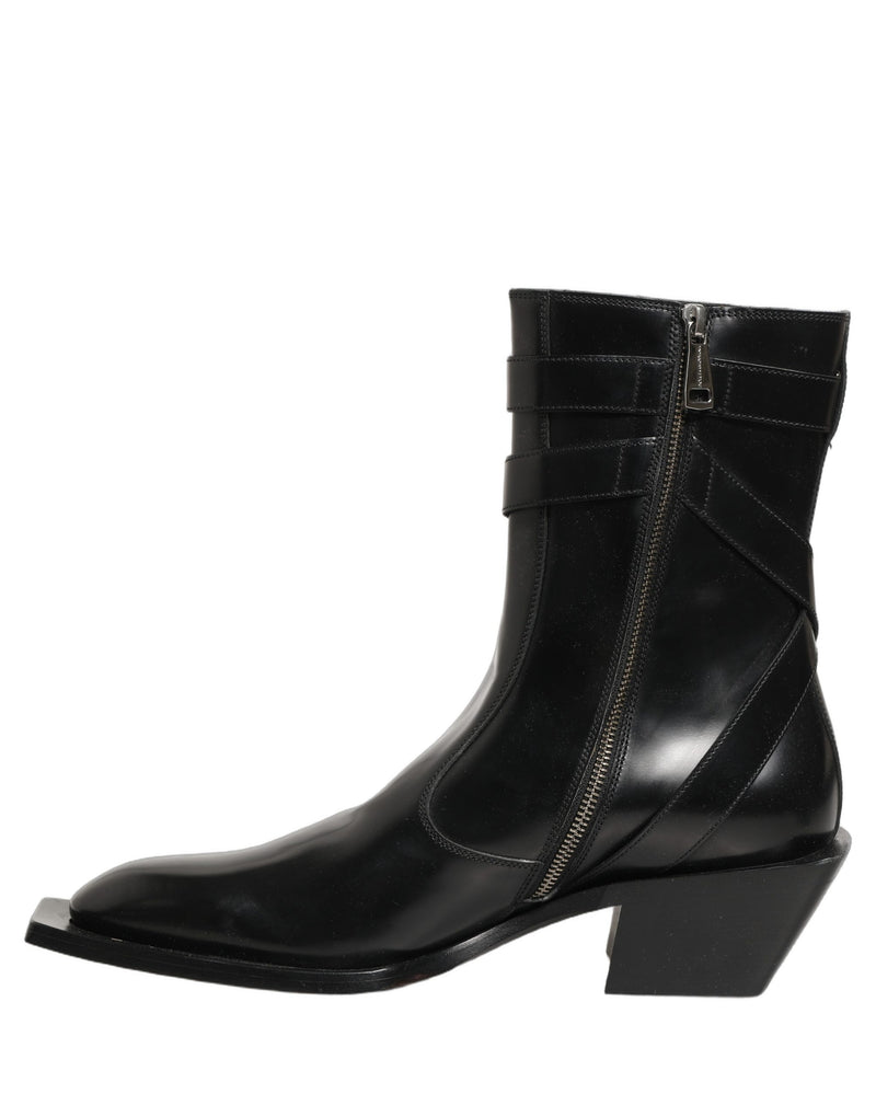Dolce & Gabbana Black Leather DG Plaque Mid Calf Boots