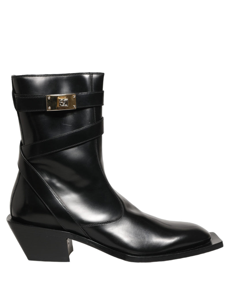 Dolce & Gabbana Black Leather DG Plaque Mid Calf Boots