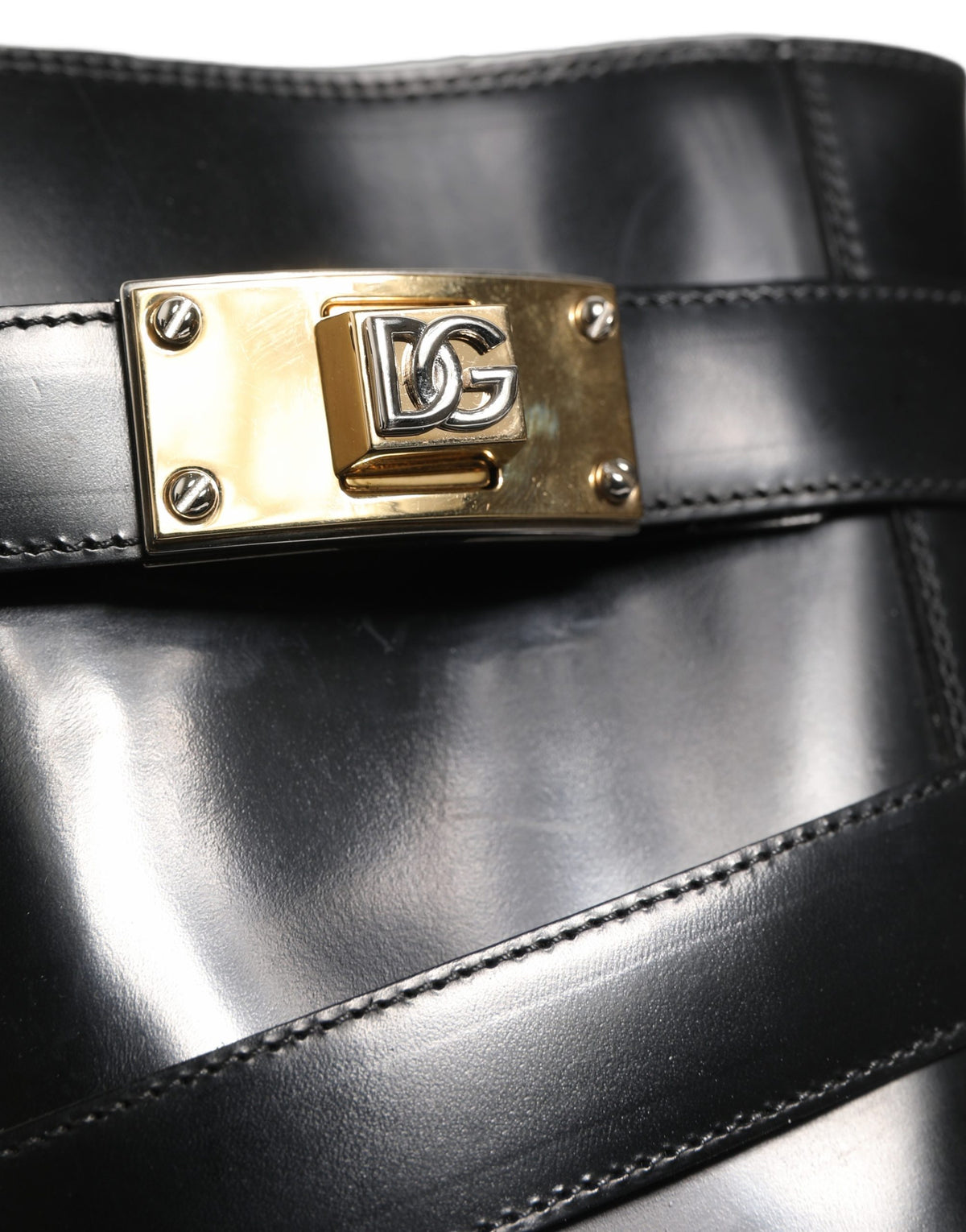 Dolce & Gabbana Black Leather DG Plaque Mid Calf Boots