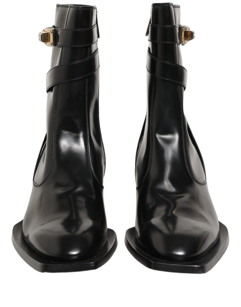 Dolce & Gabbana Black Leather DG Plaque Mid Calf Boots