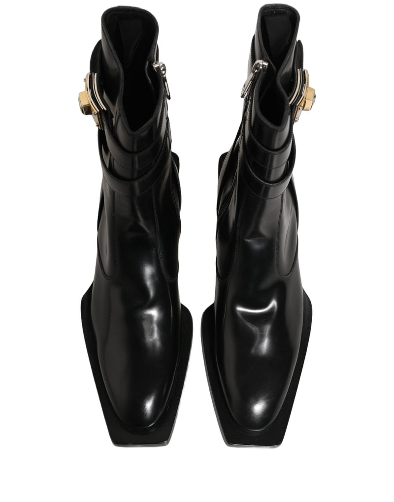 Dolce & Gabbana Black Leather DG Plaque Mid Calf Boots