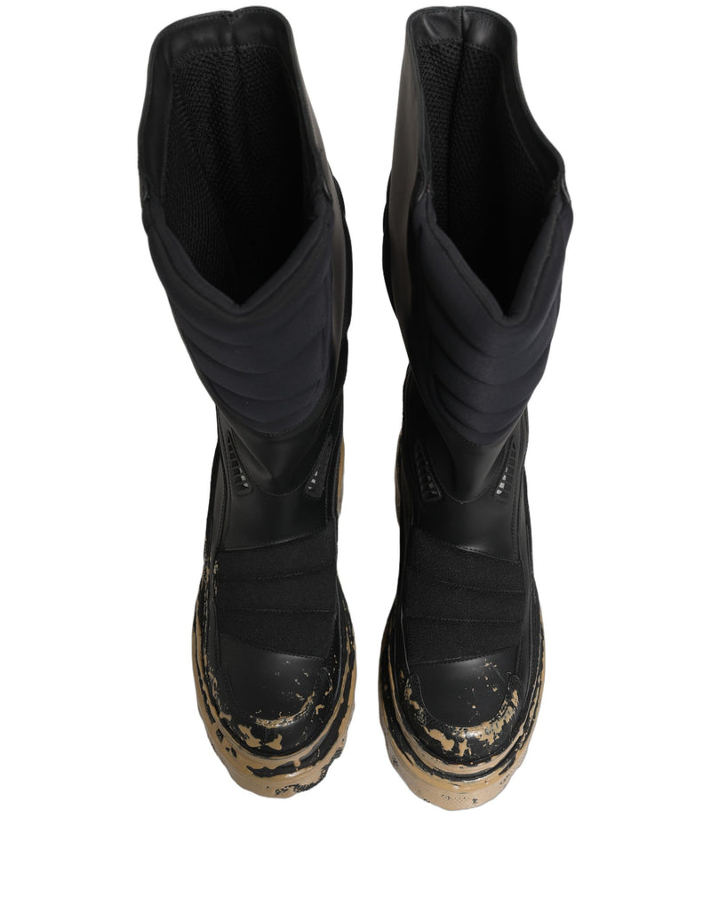 Dolce & Gabbana Black Leather Biker Mid Calf Boots for Men