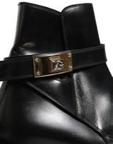 Dolce & Gabbana Black Leather DG Plaque Ankle Boots