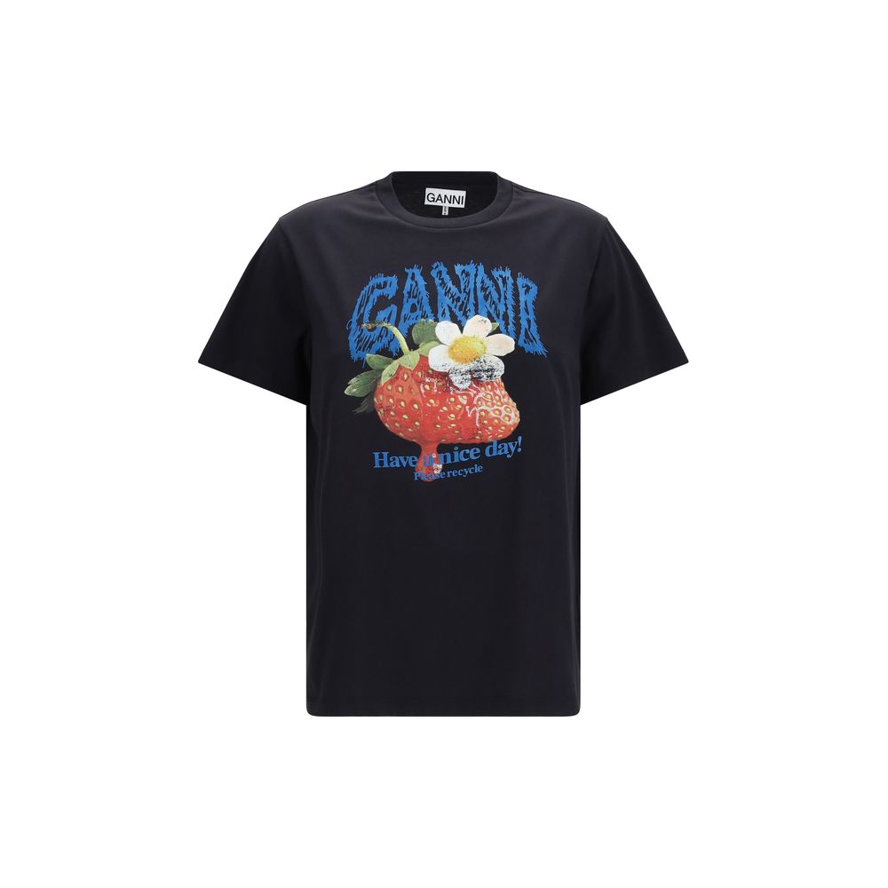 Ganni Black Cotton T-Shirt with Strawberry Print