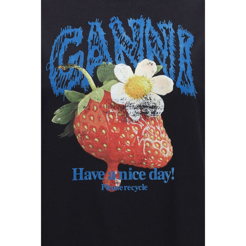 Ganni Black Cotton T-Shirt with Strawberry Print