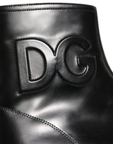 Dolce & Gabbana Black Leather Embossed Logo Ankle Boots