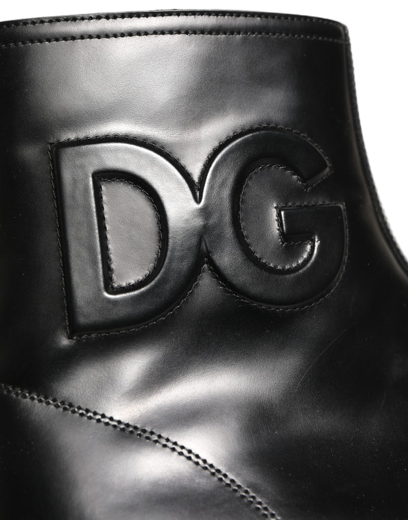 Dolce & Gabbana Black Leather Embossed Logo Ankle Boots