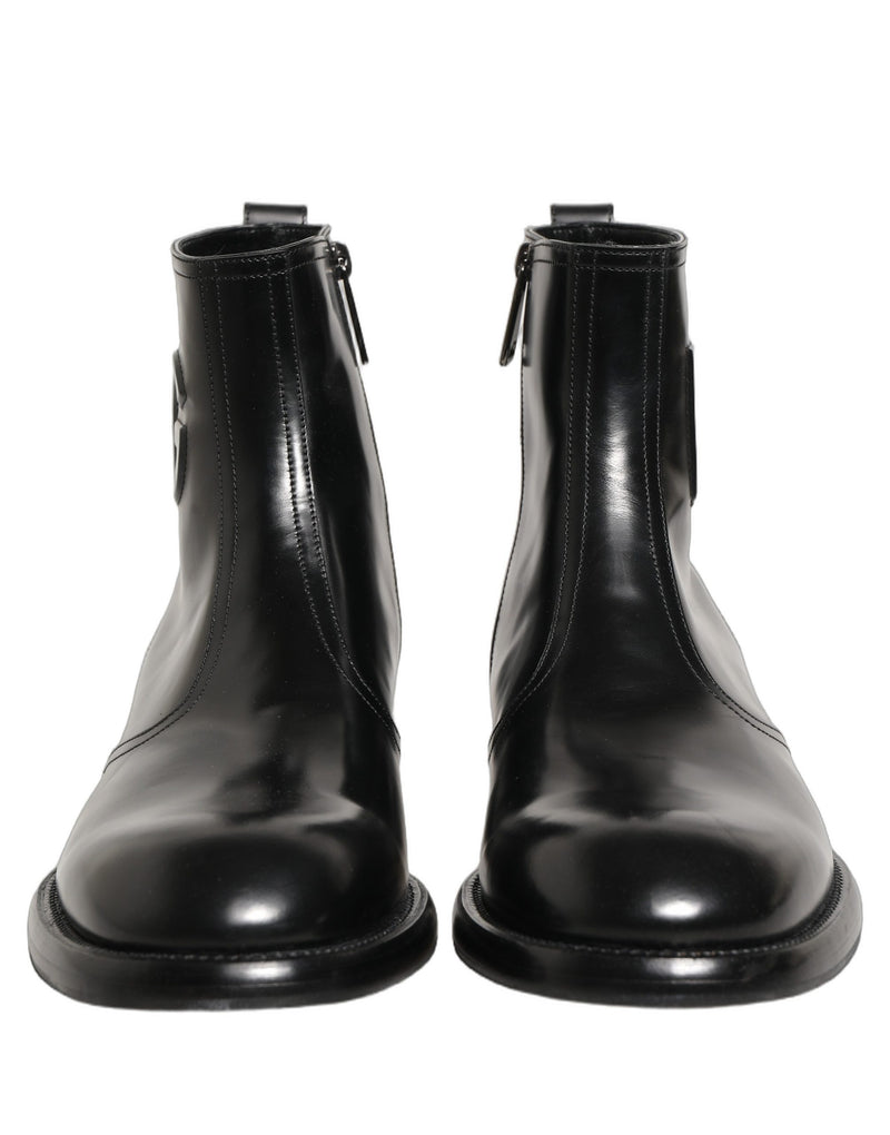 Dolce & Gabbana Black Leather Embossed Logo Ankle Boots