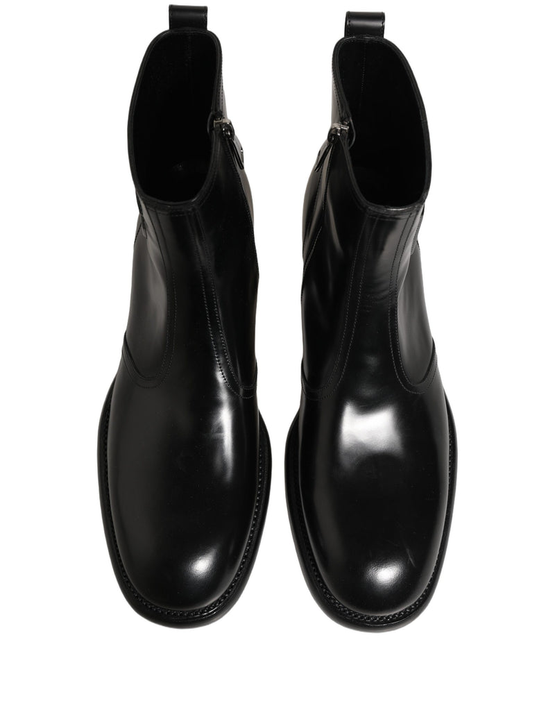 Dolce & Gabbana Black Leather Embossed Logo Ankle Boots