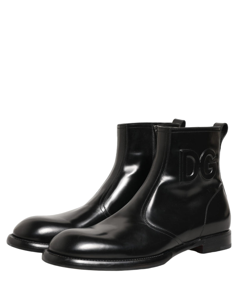 Dolce & Gabbana Black Leather Embossed Logo Ankle Boots