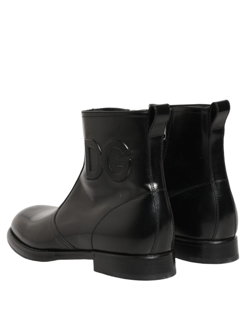 Dolce & Gabbana Black Leather Embossed Logo Ankle Boots