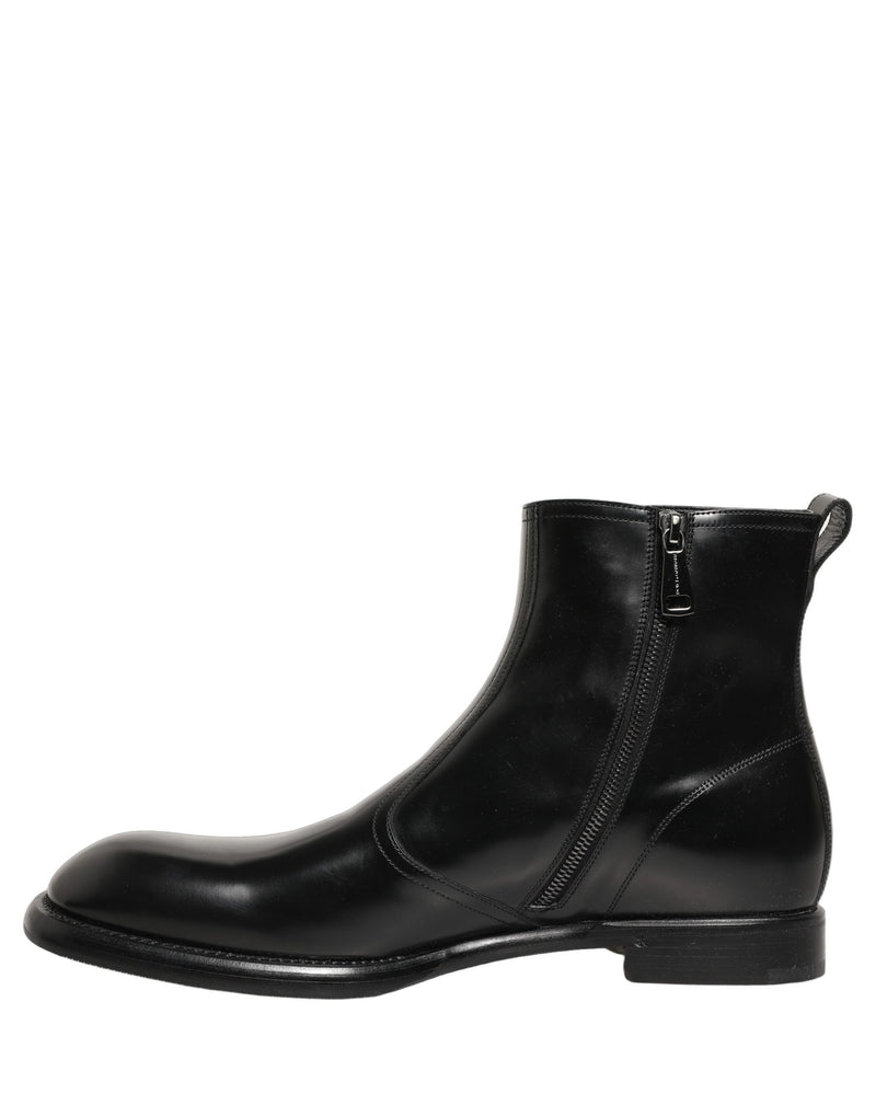 Dolce & Gabbana Black Leather Embossed Logo Ankle Boots