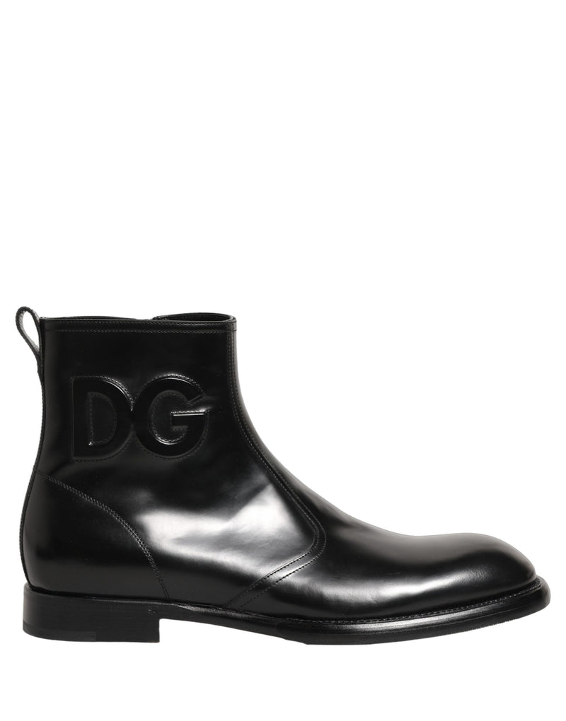 Dolce & Gabbana Black Leather Embossed Logo Ankle Boots