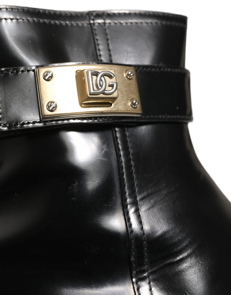 Dolce & Gabbana Black Leather Logo Buckle Mid Calf Boots