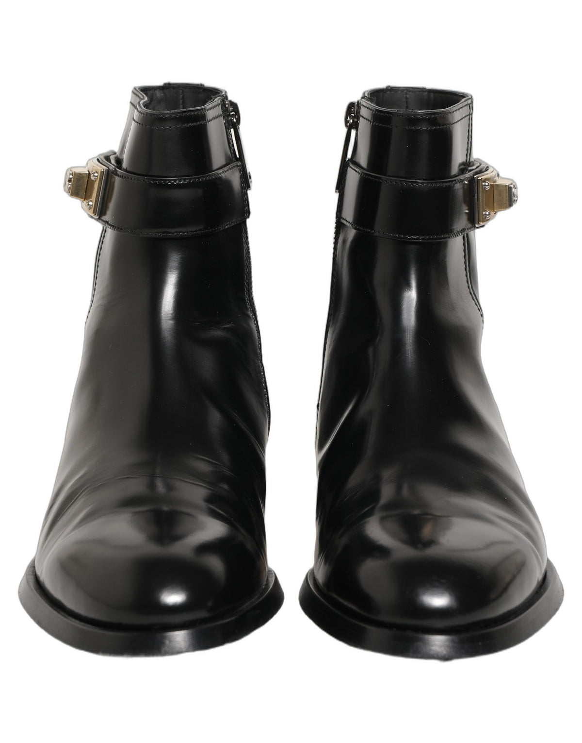 Dolce & Gabbana Black Leather Mid Calf Boots with Logo Buckle