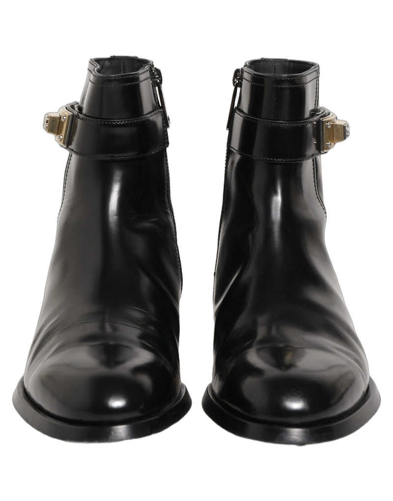 Dolce & Gabbana Black Leather Logo Buckle Mid Calf Boots