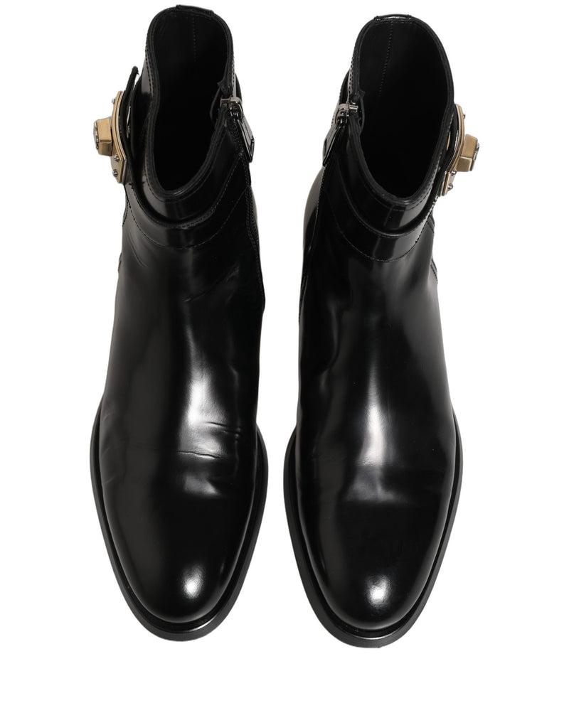 Dolce & Gabbana Black Leather Logo Buckle Mid Calf Boots