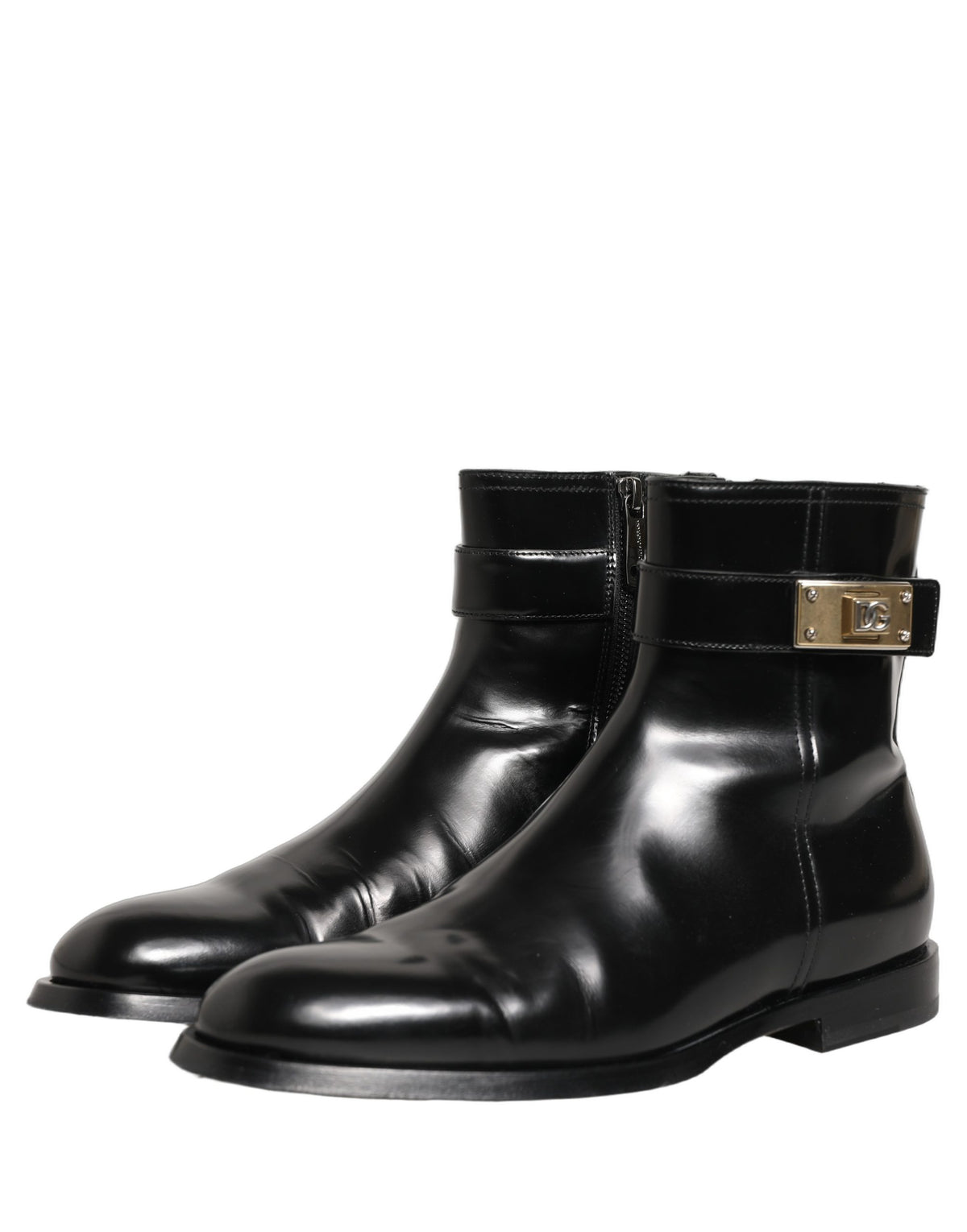 Dolce & Gabbana Black Leather Mid Calf Boots with Logo Buckle