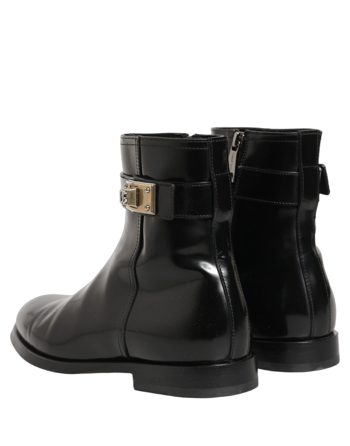 Dolce & Gabbana Black Leather Mid Calf Boots with Logo Buckle