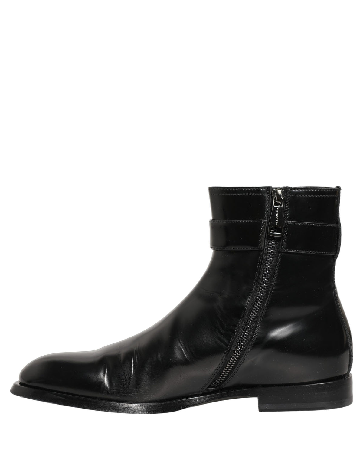 Dolce & Gabbana Black Leather Mid Calf Boots with Logo Buckle