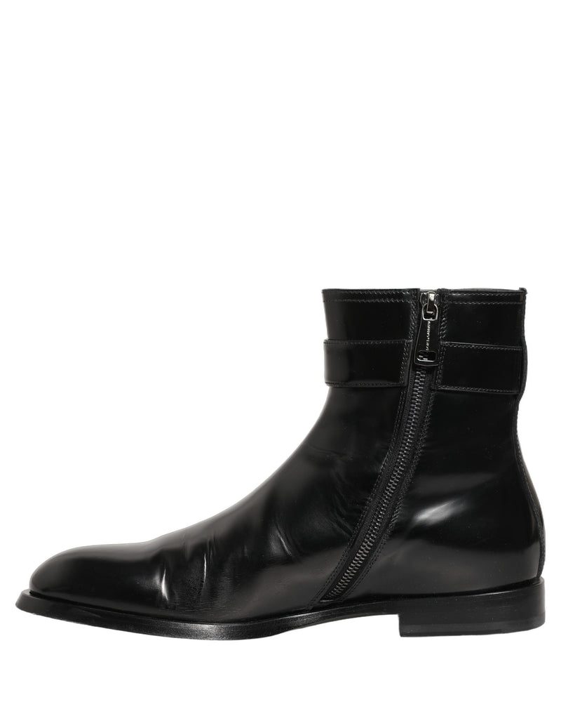 Dolce & Gabbana Black Leather Logo Buckle Mid Calf Boots