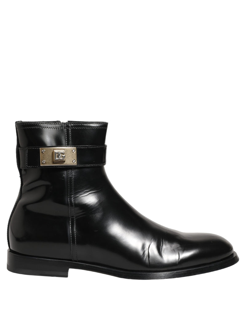 Dolce & Gabbana Black Leather Logo Buckle Mid Calf Boots