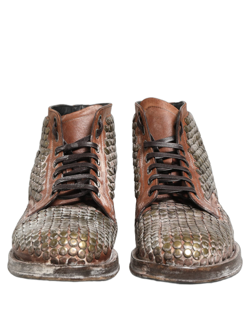 Dolce & Gabbana Brown Leather Runway Studs Ankle Boots