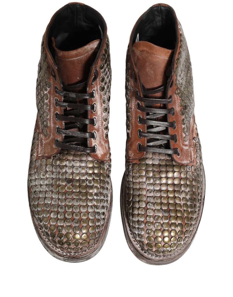 Dolce & Gabbana Brown Leather Runway Studs Ankle Boots