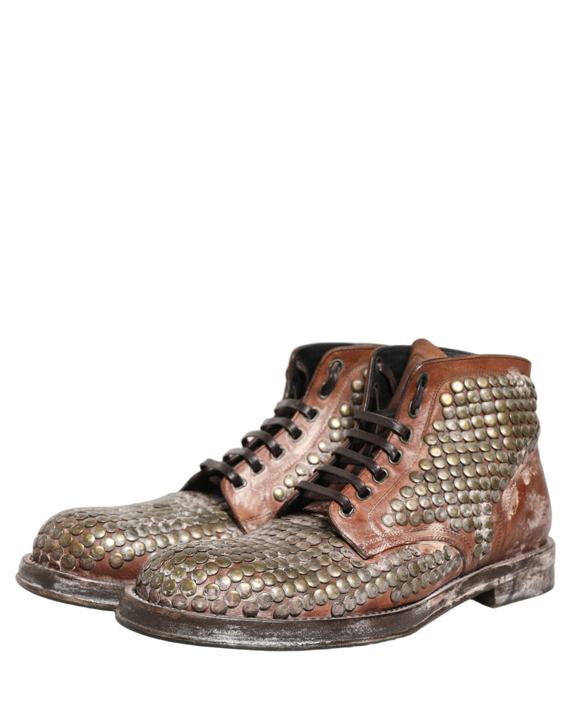 Dolce & Gabbana Brown Leather Runway Studs Ankle Boots
