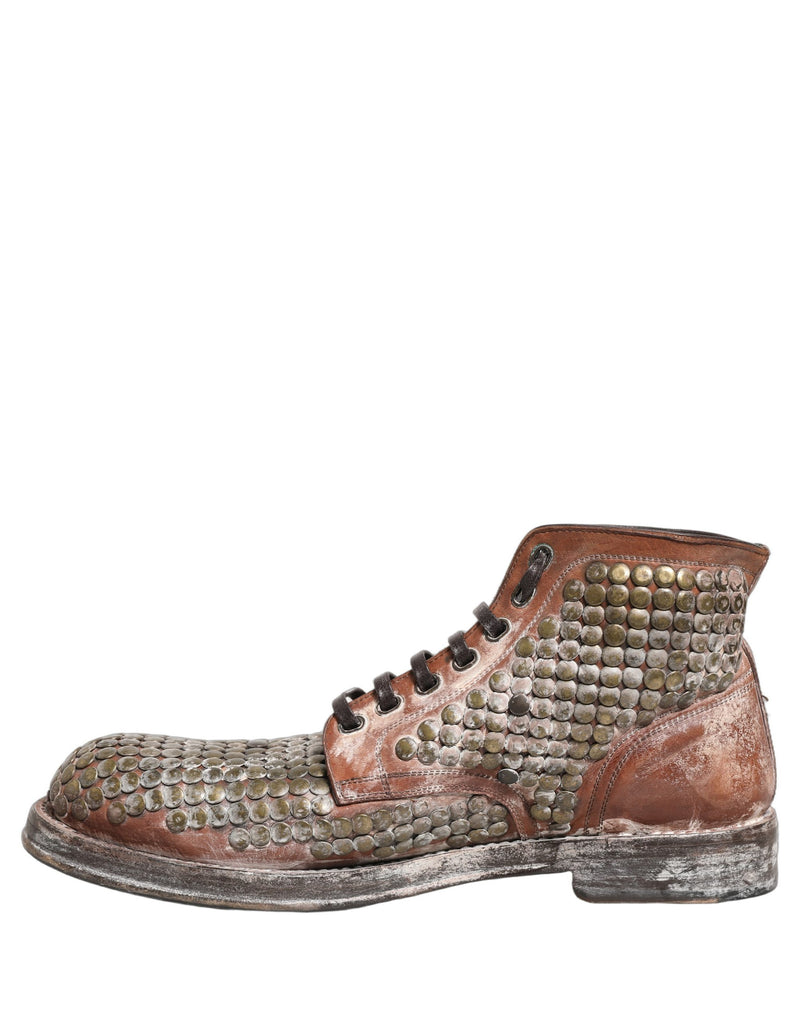 Dolce & Gabbana Brown Leather Runway Studs Ankle Boots