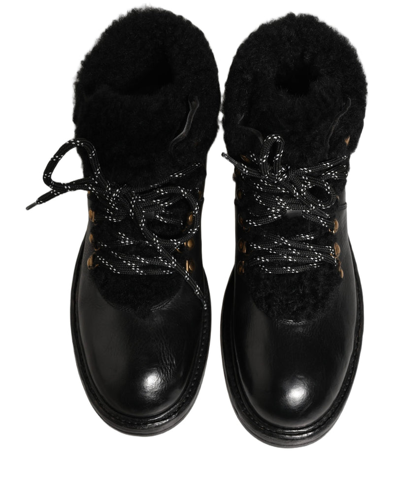Dolce & Gabbana Black Trekking Fur Lace Leather Boots
