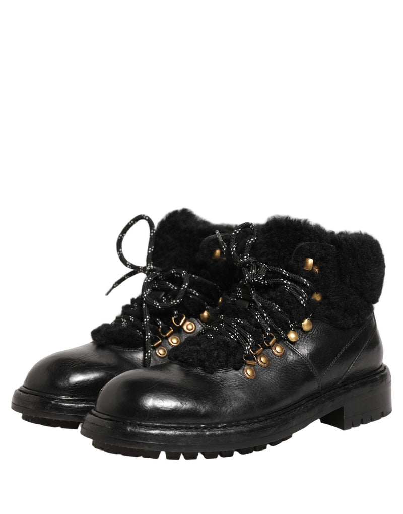 Dolce & Gabbana Black Trekking Fur Lace Leather Boots