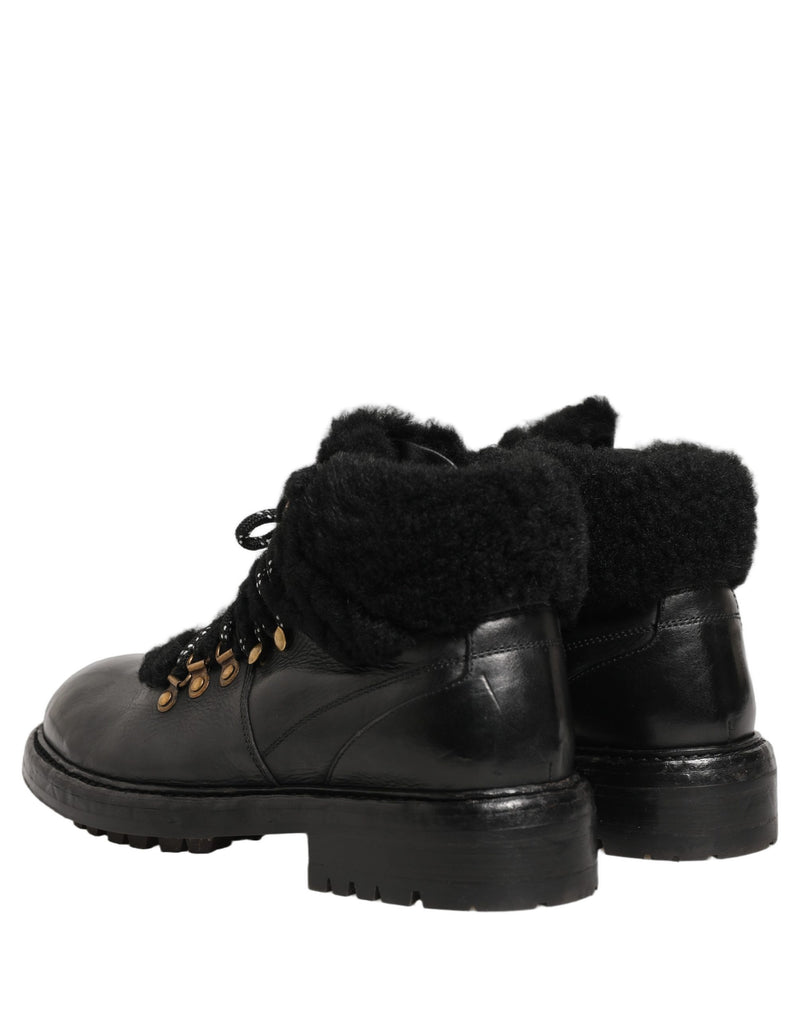 Dolce & Gabbana Black Trekking Fur Lace Leather Boots