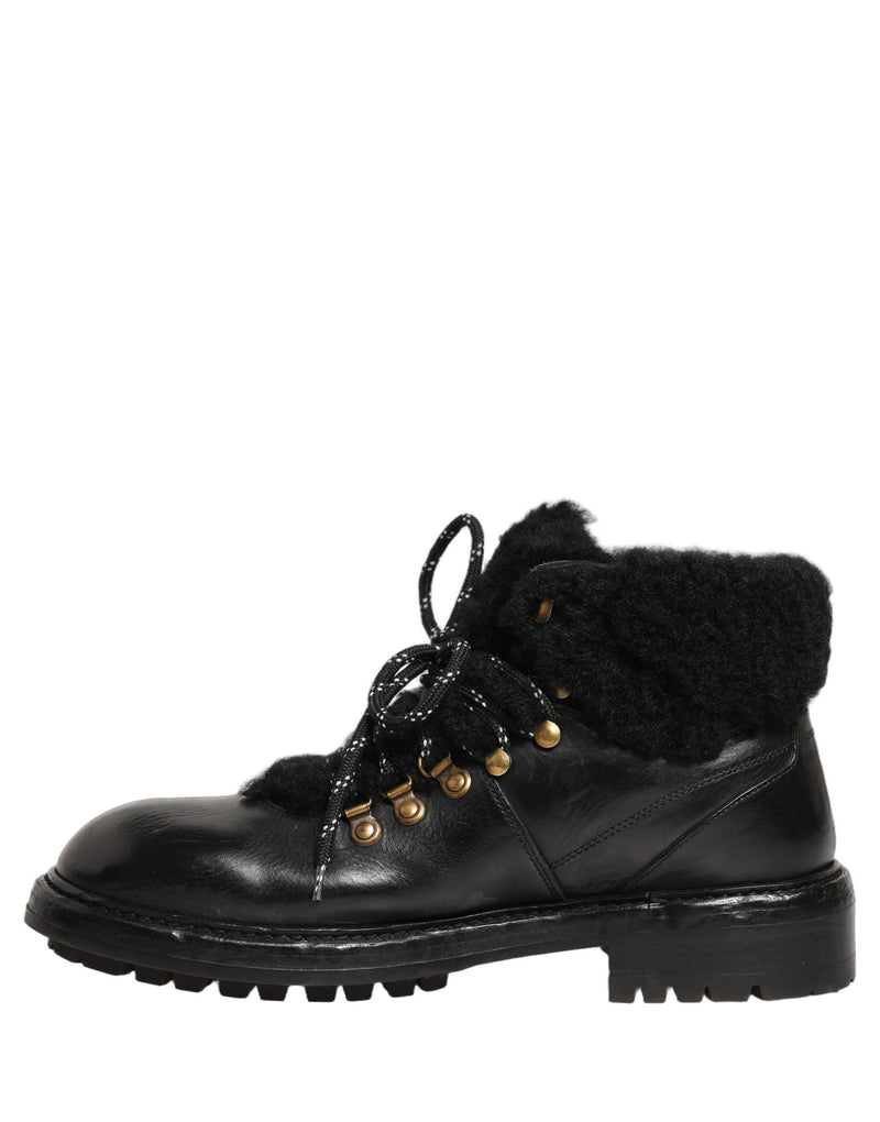 Dolce & Gabbana Black Trekking Fur Lace Leather Boots