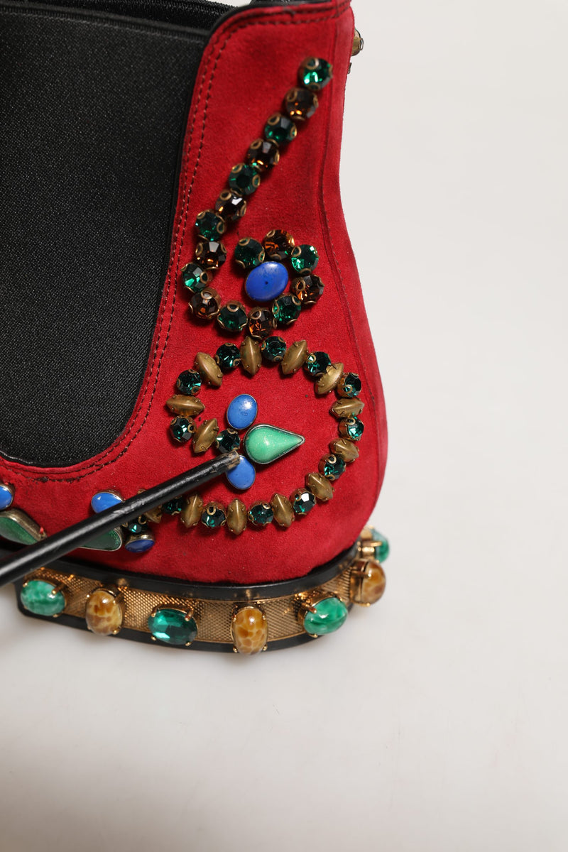 Dolce & Gabbana Red Embellished Chelsea Ankle Boots