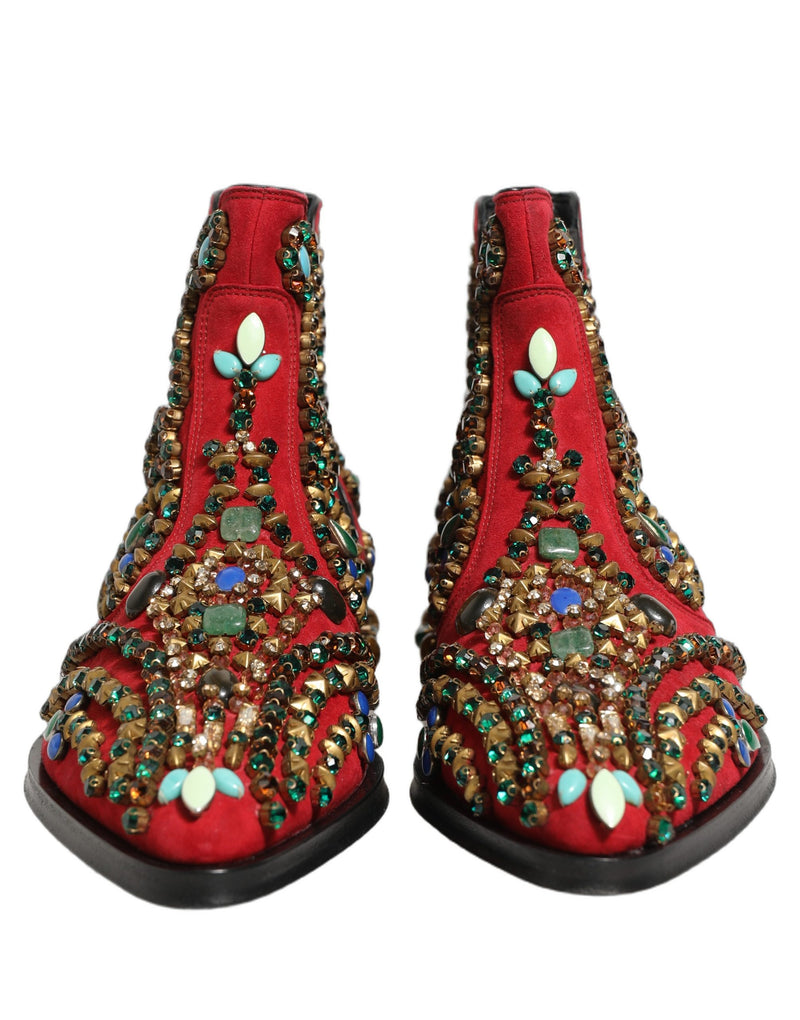 Dolce & Gabbana Red Embellished Chelsea Ankle Boots