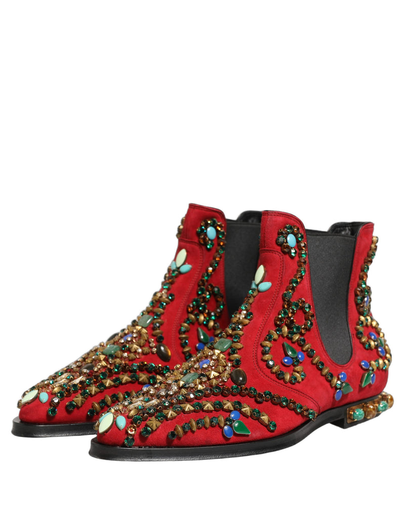 Dolce & Gabbana Red Embellished Chelsea Ankle Boots