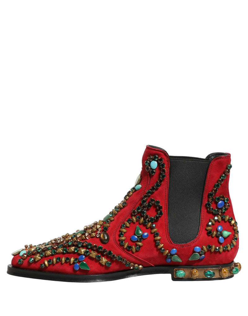 Dolce & Gabbana Red Embellished Chelsea Ankle Boots