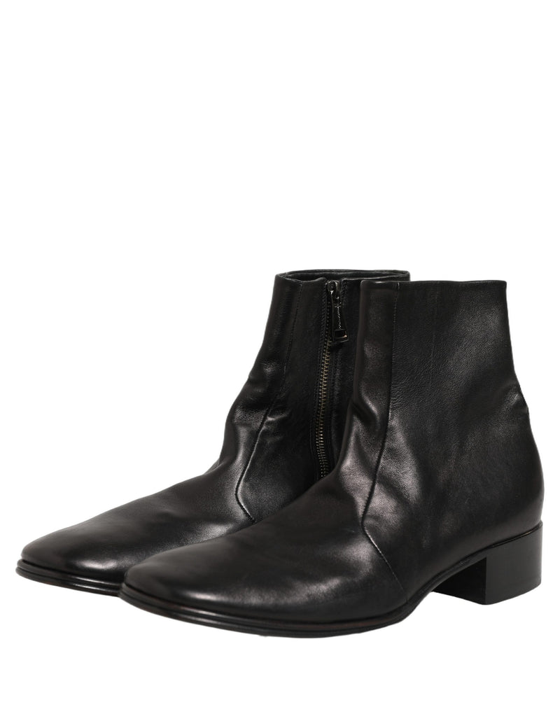 Dolce & Gabbana Black Leather Logo Short Ankle Boots