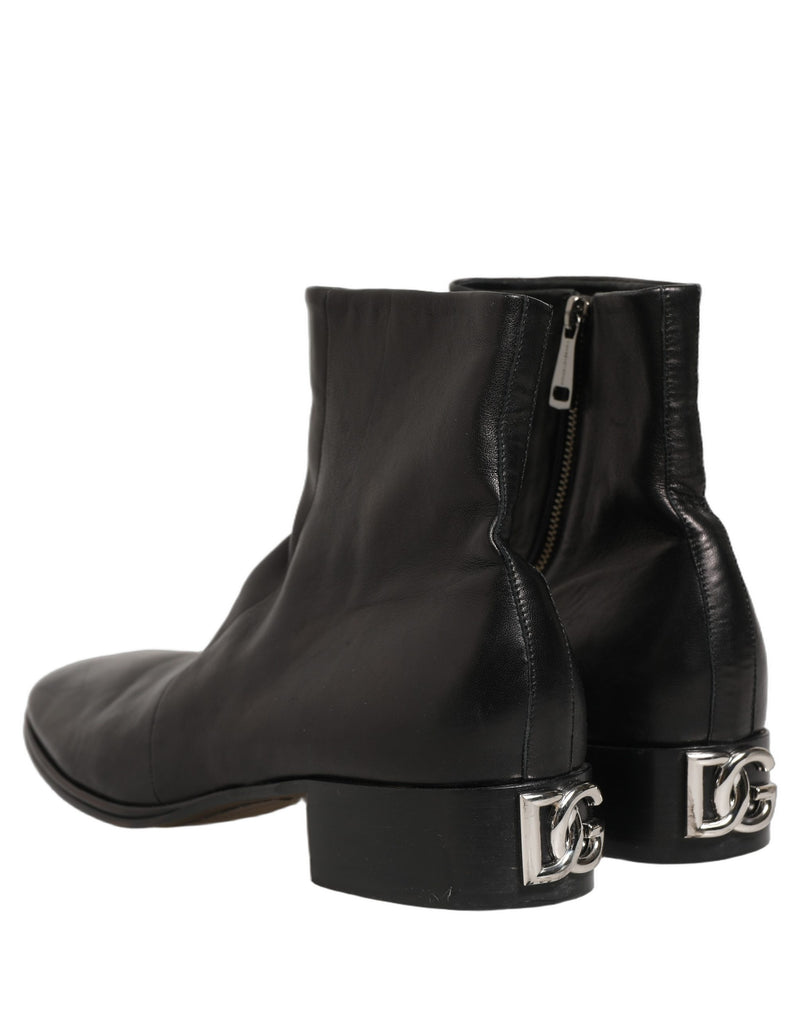 Dolce & Gabbana Black Leather Logo Short Ankle Boots