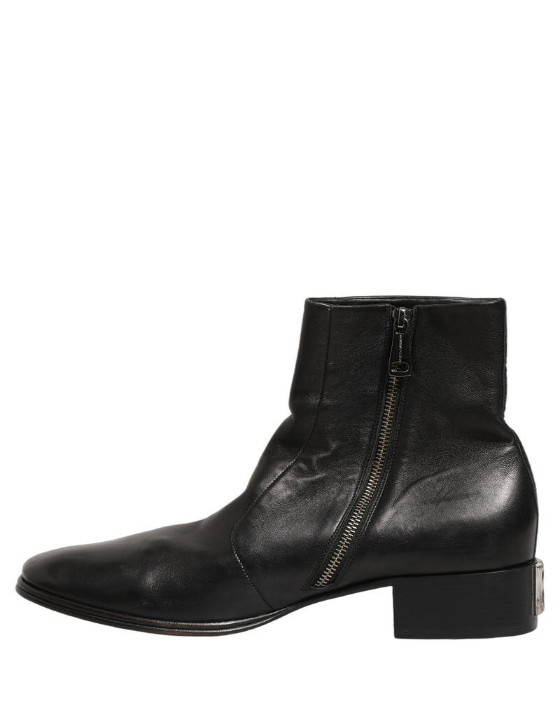 Dolce & Gabbana Black Leather Logo Short Ankle Boots