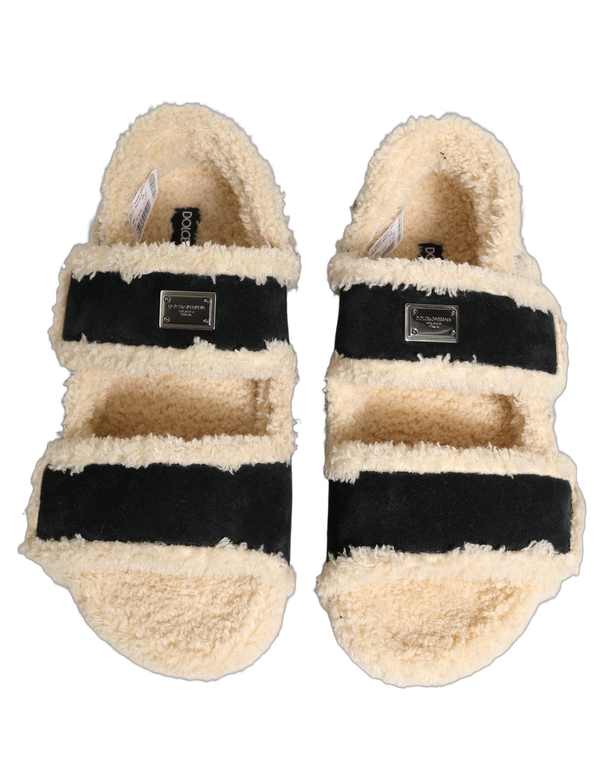 Dolce & Gabbana Beige Black Faux Fur Flats Sandals for Men