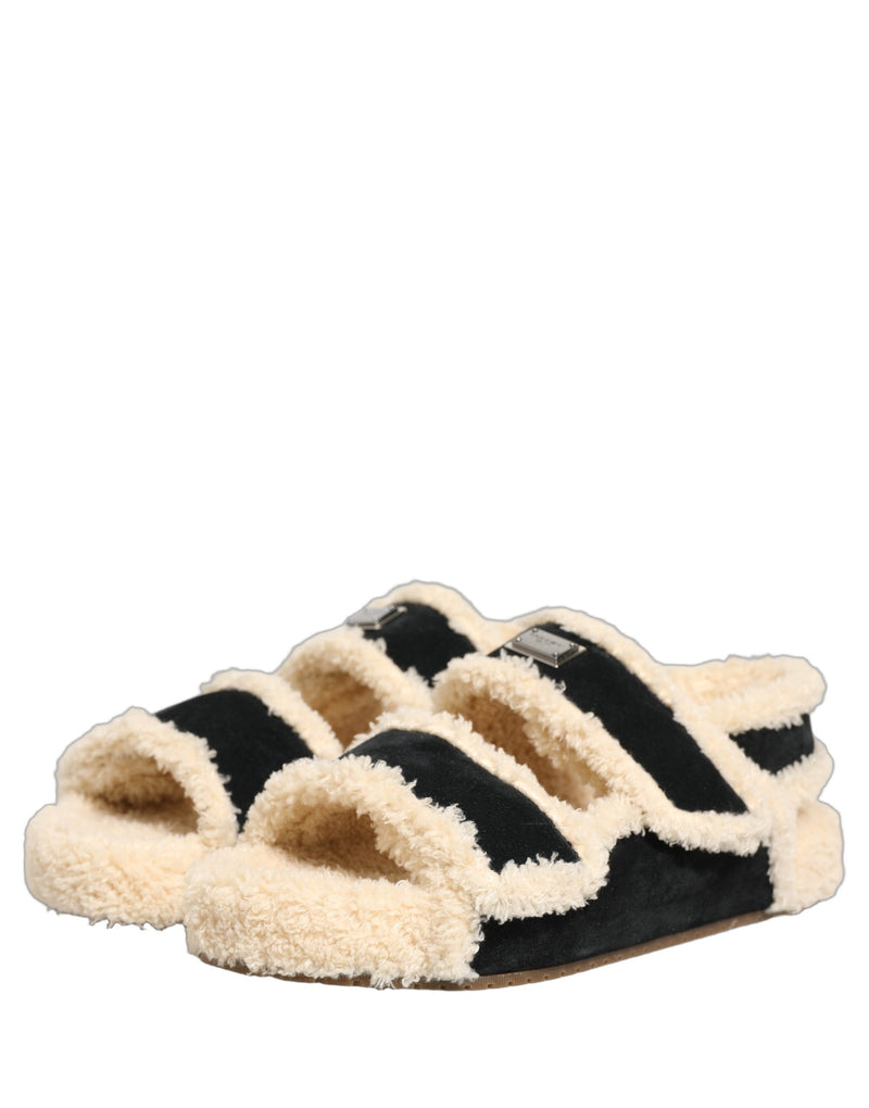 Dolce & Gabbana Beige Black Faux Fur Flats Sandals for Men