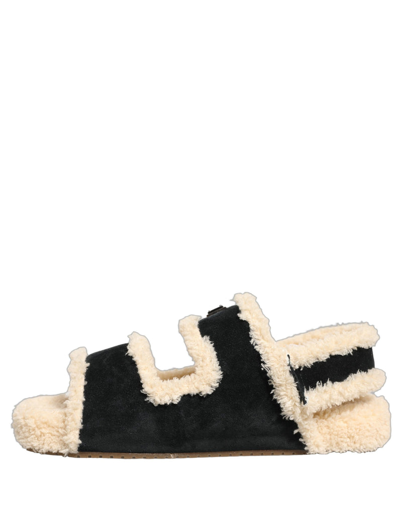 Dolce & Gabbana Beige Black Faux Fur Flats Sandals for Men