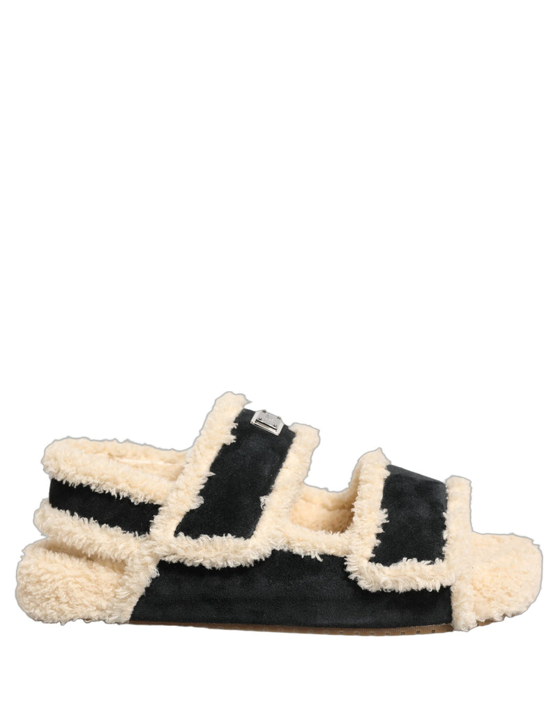 Dolce & Gabbana Beige Black Faux Fur Flats Sandals for Men