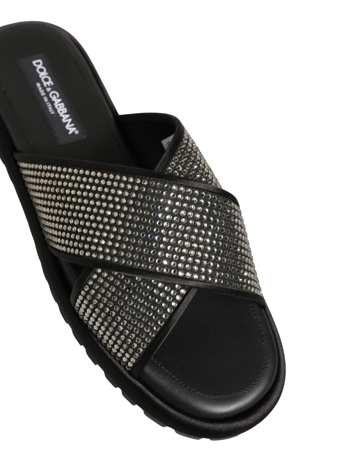 Dolce & Gabbana Black Strass Criss Cross Slide Sandals