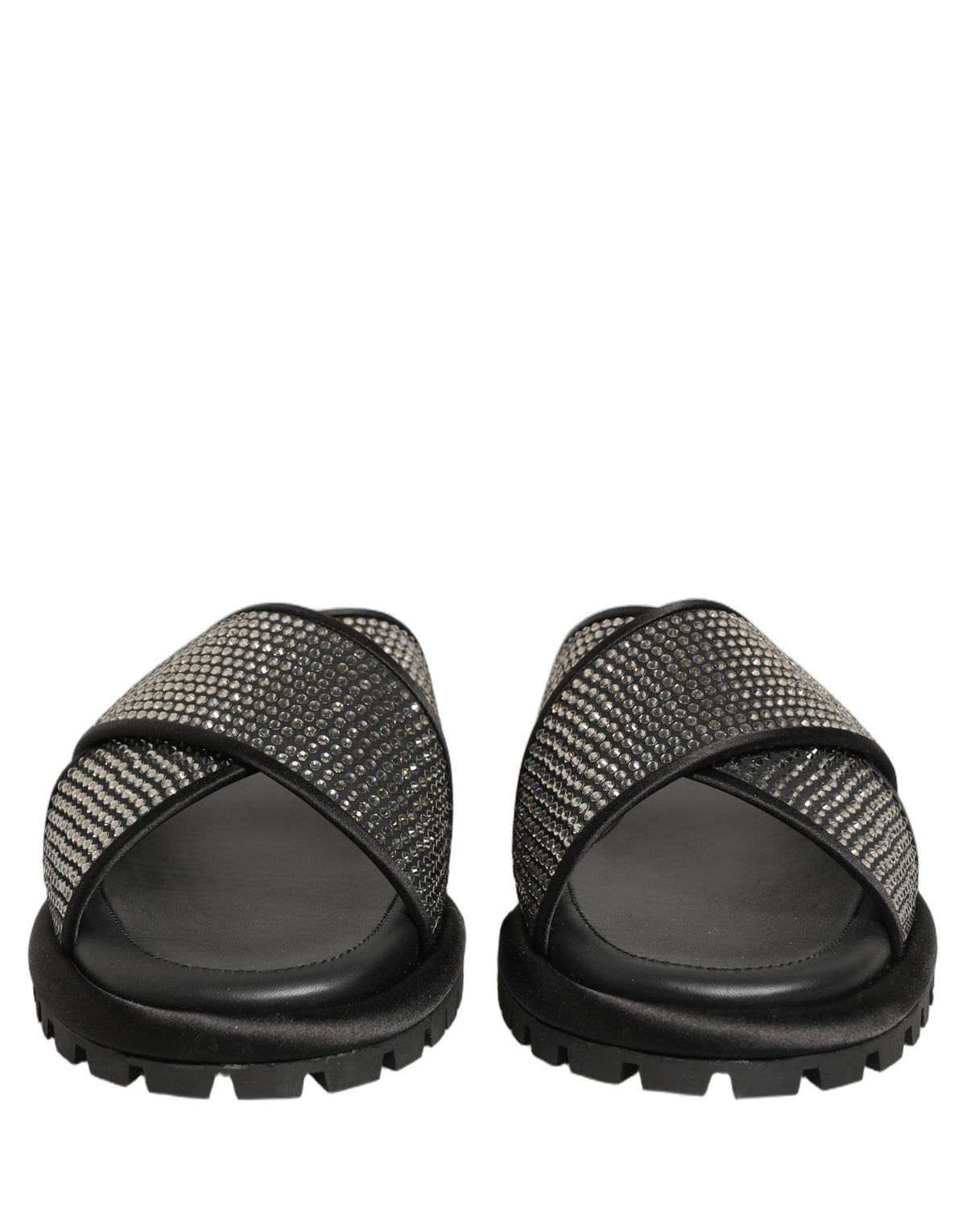 Dolce & Gabbana Black Strass Criss Cross Slide Sandals