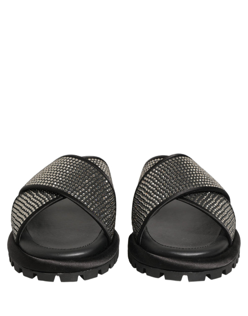 Dolce & Gabbana Black Strass Criss Cross Slide Sandals