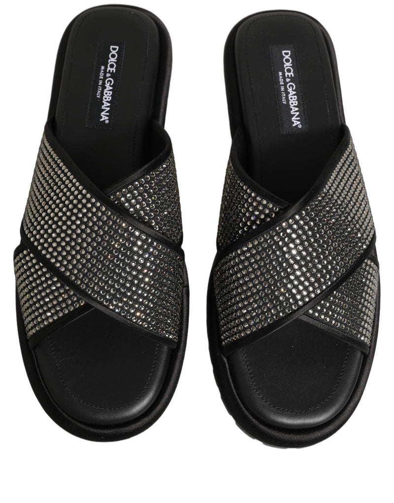 Dolce & Gabbana Black Strass Criss Cross Slide Sandals